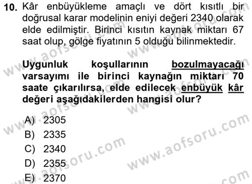 Yöneylem Araştırması 1 Dersi 2015 - 2016 Yılı (Final) Dönem Sonu Sınav Soruları 10. Soru