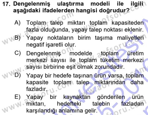 Yöneylem Araştırması 1 Dersi 2015 - 2016 Yılı (Final) Dönem Sonu Sınav Soruları 17. Soru