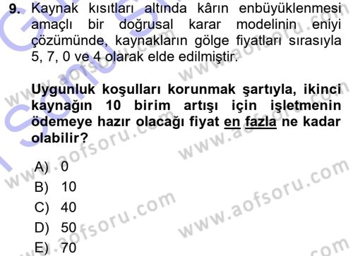 Yöneylem Araştırması 1 Dersi 2015 - 2016 Yılı (Final) Dönem Sonu Sınav Soruları 9. Soru