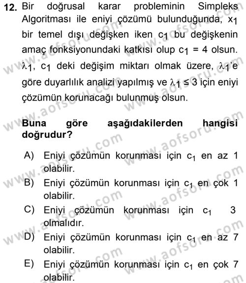 Yöneylem Araştırması 1 Dersi 2015 - 2016 Yılı Tek Ders Sınav Soruları 12. Soru