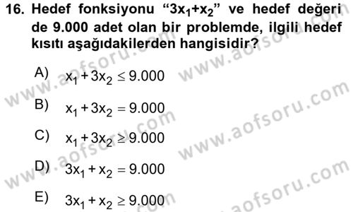 Yöneylem Araştırması 1 Dersi 2015 - 2016 Yılı Tek Ders Sınav Soruları 16. Soru