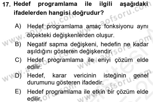 Yöneylem Araştırması 1 Dersi 2015 - 2016 Yılı Tek Ders Sınav Soruları 17. Soru