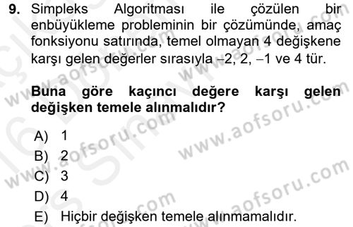 Yöneylem Araştırması 1 Dersi 2015 - 2016 Yılı Tek Ders Sınav Soruları 9. Soru