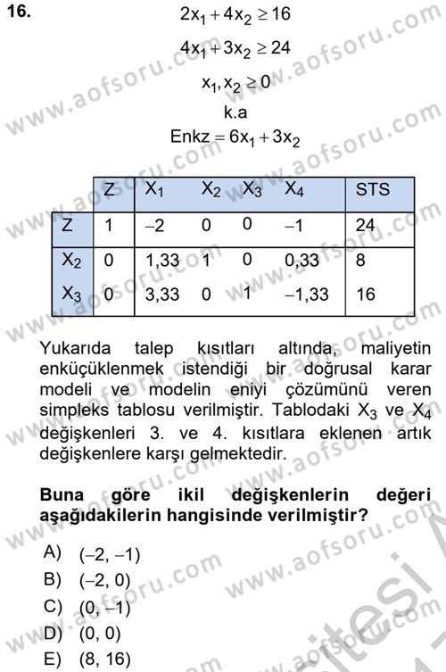 Yöneylem Araştırması 1 Dersi 2016 - 2017 Yılı 3 Ders Sınav Soruları 16. Soru