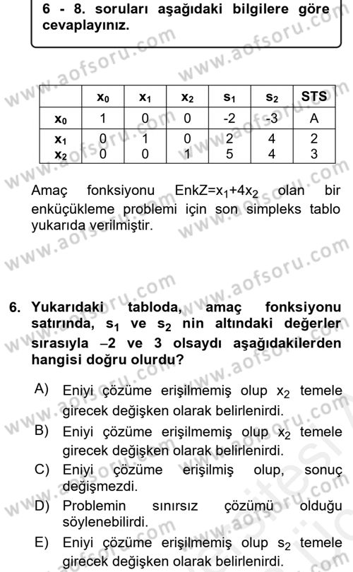 Yöneylem Araştırması 1 Dersi 2017 - 2018 Yılı 3 Ders Sınav Soruları 6. Soru