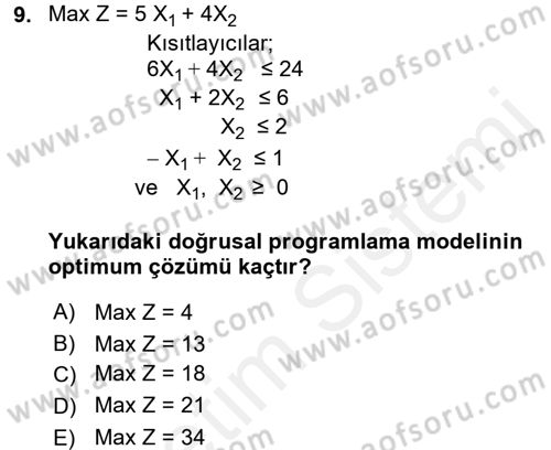 Yöneylem Araştırması 1 Dersi 2017 - 2018 Yılı 3 Ders Sınav Soruları 9. Soru