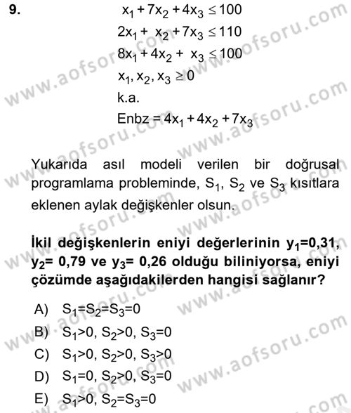 Yöneylem Araştırması 1 Dersi 2017 - 2018 Yılı (Final) Dönem Sonu Sınav Soruları 9. Soru