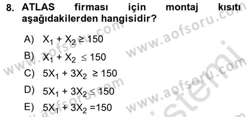 Yöneylem Araştırması 1 Dersi 2018 - 2019 Yılı 3 Ders Sınav Soruları 8. Soru