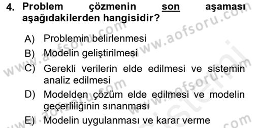 Yöneylem Araştırması 1 Dersi 2018 - 2019 Yılı (Vize) Ara Sınav Soruları 4. Soru
