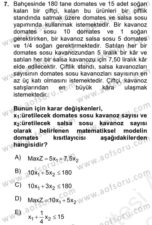 Yöneylem Araştırması 1 Dersi 2018 - 2019 Yılı (Vize) Ara Sınav Soruları 7. Soru