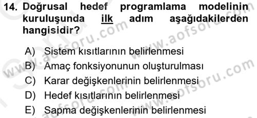 Yöneylem Araştırması 1 Dersi 2018 - 2019 Yılı (Final) Dönem Sonu Sınav Soruları 14. Soru