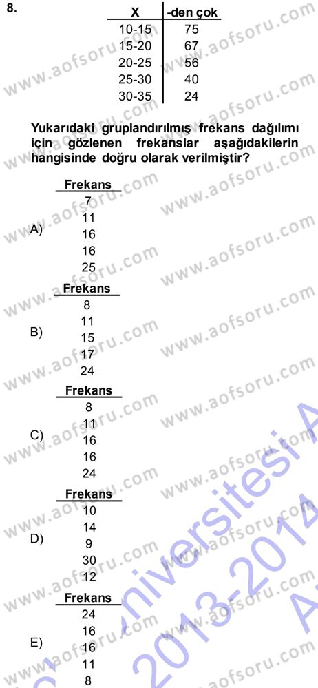 Tıbbi İstatistik Dersi Ara Sınavı Deneme Sınav Soruları 8. Soru