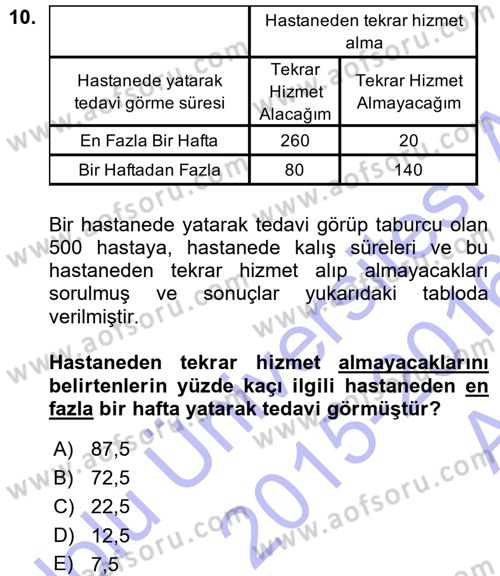 Tıbbi İstatistik Dersi 2015 - 2016 Yılı (Vize) Ara Sınav Soruları 10. Soru