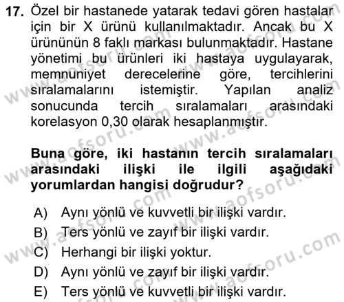 Tıbbi İstatistik Dersi 2015 - 2016 Yılı (Final) Dönem Sonu Sınav Soruları 17. Soru