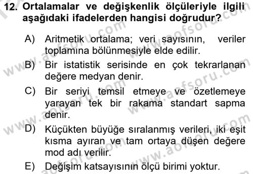 Tıbbi İstatistik Dersi Ara Sınavı Deneme Sınav Soruları 12. Soru