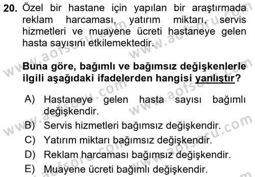 Tıbbi İstatistik Dersi 2016 - 2017 Yılı (Final) Dönem Sonu Sınav Soruları 20. Soru