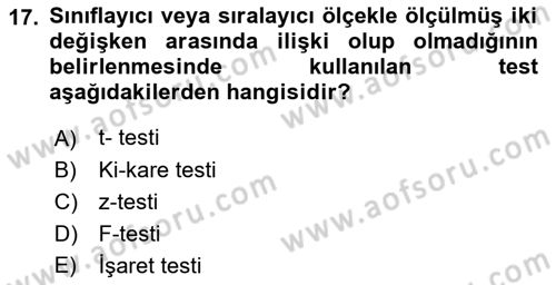 Tıbbi İstatistik Dersi 2018 - 2019 Yılı Yaz Okulu Sınav Soruları 17. Soru
