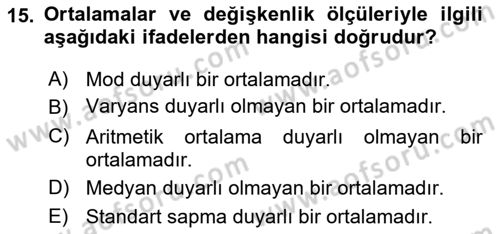 Tıbbi İstatistik Dersi Ara Sınavı Deneme Sınav Soruları 15. Soru