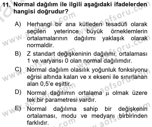 Tıbbi İstatistik Dersi 2020 - 2021 Yılı Yaz Okulu Sınav Soruları 11. Soru