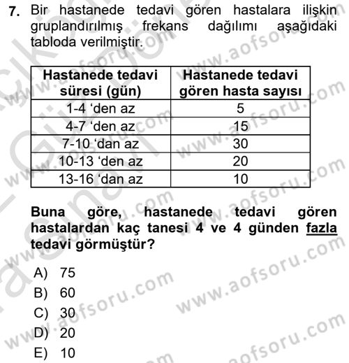 Tıbbi İstatistik Dersi Ara Sınavı Deneme Sınav Soruları 7. Soru