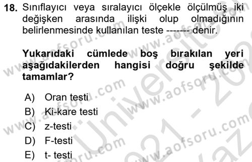 Tıbbi İstatistik Dersi 2021 - 2022 Yılı Yaz Okulu Sınav Soruları 18. Soru