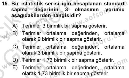 Tıbbi İstatistik Dersi Ara Sınavı Deneme Sınav Soruları 15. Soru