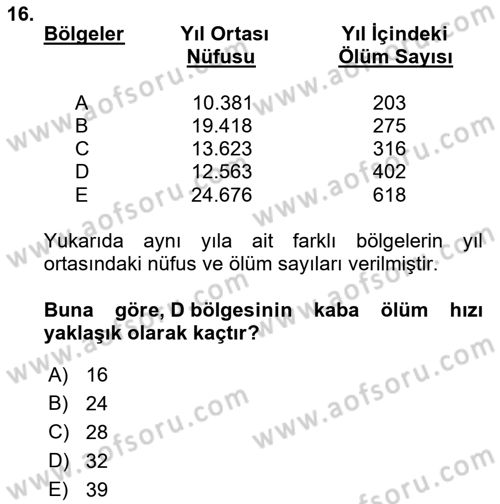 Tıbbi İstatistik Dersi Ara Sınavı Deneme Sınav Soruları 16. Soru