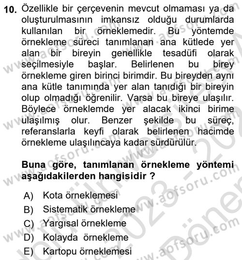 Tıbbi İstatistik Dersi 2023 - 2024 Yılı (Final) Dönem Sonu Sınav Soruları 10. Soru