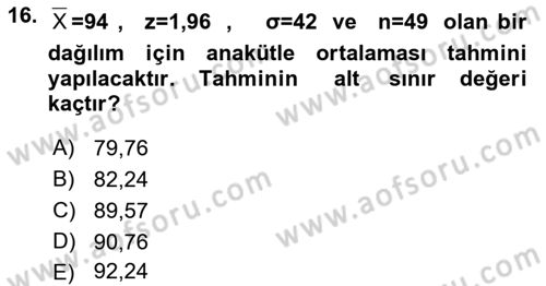 Tıbbi İstatistik Dersi 2023 - 2024 Yılı (Final) Dönem Sonu Sınav Soruları 16. Soru