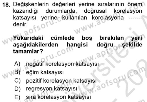 Tıbbi İstatistik Dersi 2023 - 2024 Yılı (Final) Dönem Sonu Sınav Soruları 18. Soru