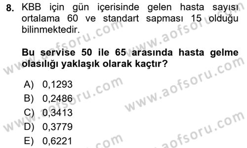Tıbbi İstatistik Dersi 2023 - 2024 Yılı (Final) Dönem Sonu Sınav Soruları 8. Soru