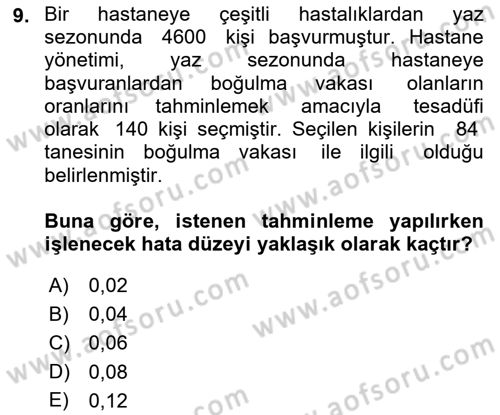 Tıbbi İstatistik Dersi 2023 - 2024 Yılı (Final) Dönem Sonu Sınav Soruları 9. Soru