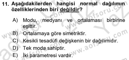 Tıbbi İstatistik Dersi 2024 - 2025 Yılı Yaz Okulu Sınav Soruları 11. Soru