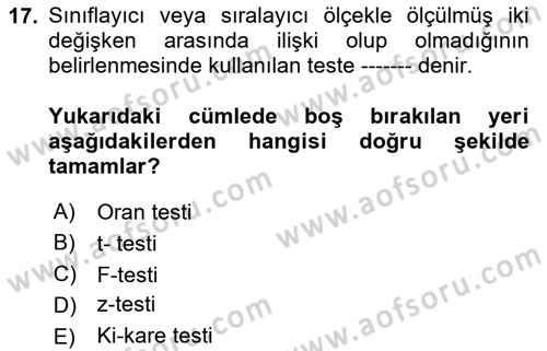 Tıbbi İstatistik Dersi 2024 - 2025 Yılı Yaz Okulu Sınav Soruları 17. Soru