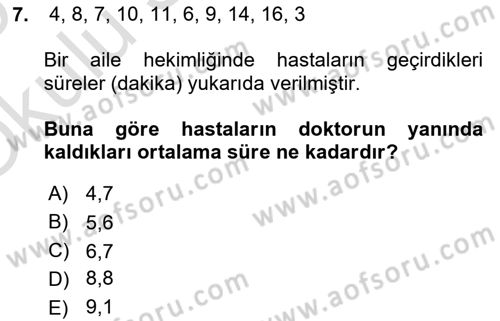 Tıbbi İstatistik Dersi 2024 - 2025 Yılı Yaz Okulu Sınav Soruları 7. Soru