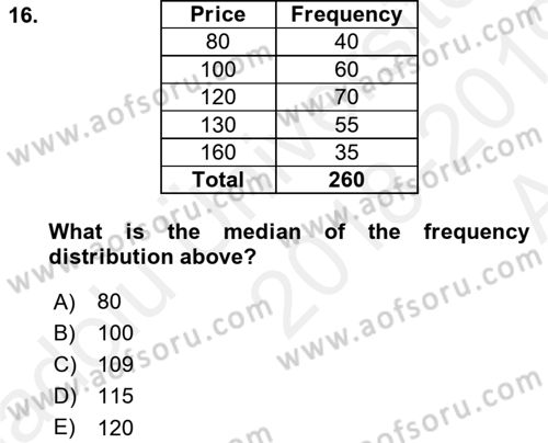 Statistics 1 Dersi Ara Sınavı Deneme Sınav Soruları 16. Soru