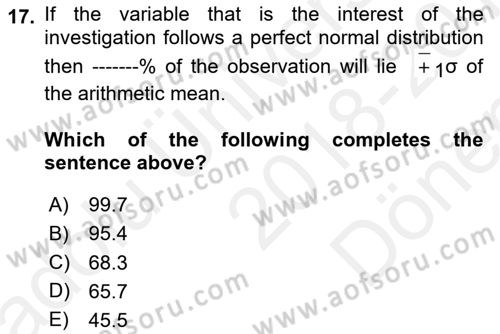Statistics 1 Dersi 2018 - 2019 Yılı (Final) Dönem Sonu Sınav Soruları 17. Soru