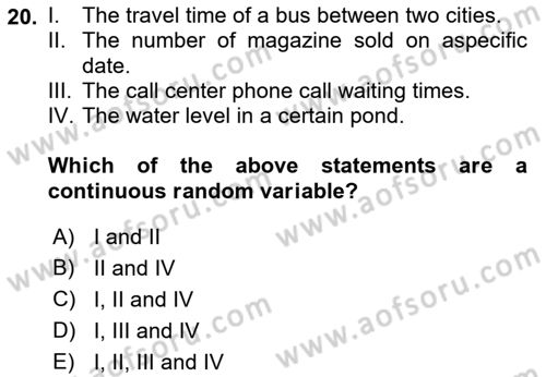 Statistics 1 Dersi 2019 - 2020 Yılı (Final) Dönem Sonu Sınav Soruları 20. Soru