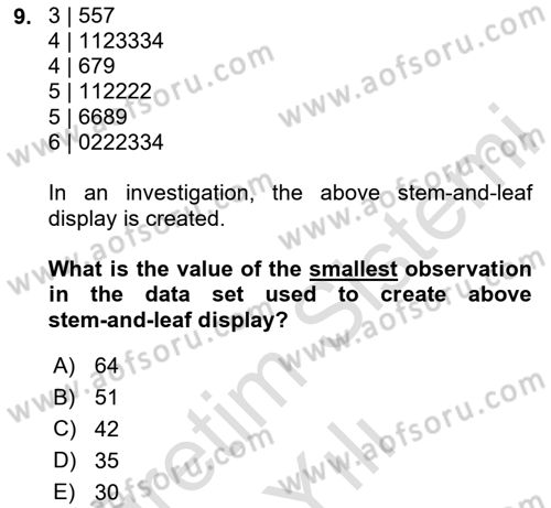 Statistics 1 Dersi 2020 - 2021 Yılı Yaz Okulu Sınav Soruları 9. Soru