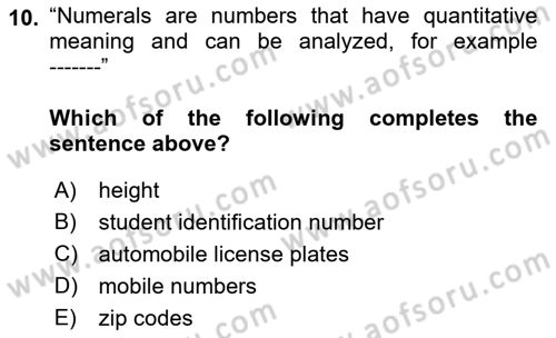 Statistics 1 Dersi Ara Sınavı Deneme Sınav Soruları 10. Soru