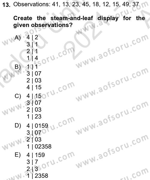 Statistics 1 Dersi Ara Sınavı Deneme Sınav Soruları 13. Soru