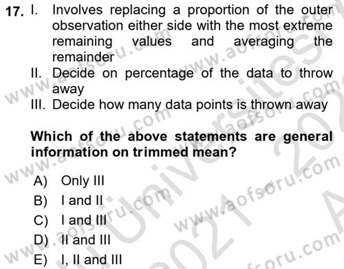 Statistics 1 Dersi Ara Sınavı Deneme Sınav Soruları 17. Soru