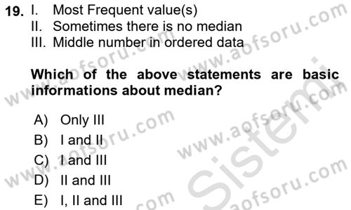 Statistics 1 Dersi Ara Sınavı Deneme Sınav Soruları 19. Soru
