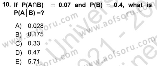 Statistics 1 Dersi 2021 - 2022 Yılı (Final) Dönem Sonu Sınav Soruları 10. Soru