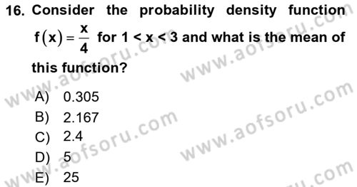Statistics 1 Dersi 2021 - 2022 Yılı Yaz Okulu Sınav Soruları 16. Soru