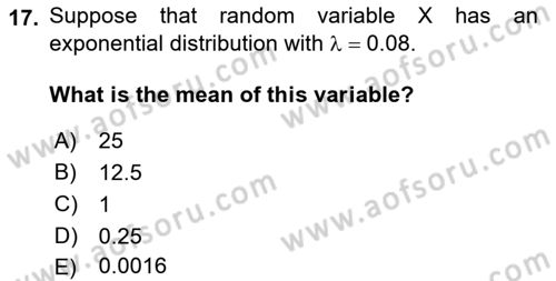 Statistics 1 Dersi 2021 - 2022 Yılı Yaz Okulu Sınav Soruları 17. Soru