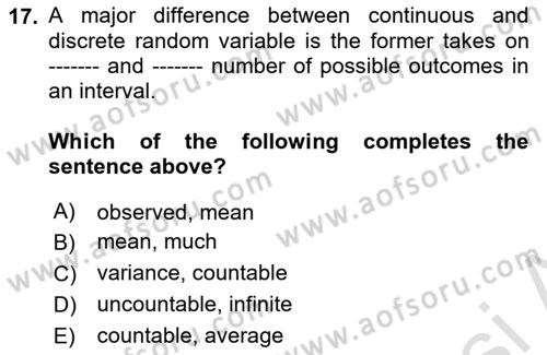 Statistics 1 Dersi 2022 - 2023 Yılı (Final) Dönem Sonu Sınav Soruları 17. Soru
