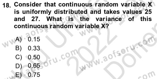 Statistics 1 Dersi 2022 - 2023 Yılı (Final) Dönem Sonu Sınav Soruları 18. Soru