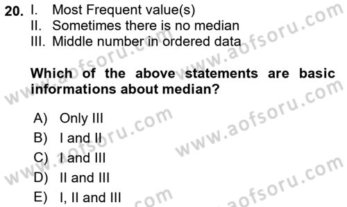 Statistics 1 Dersi Ara Sınavı Deneme Sınav Soruları 20. Soru