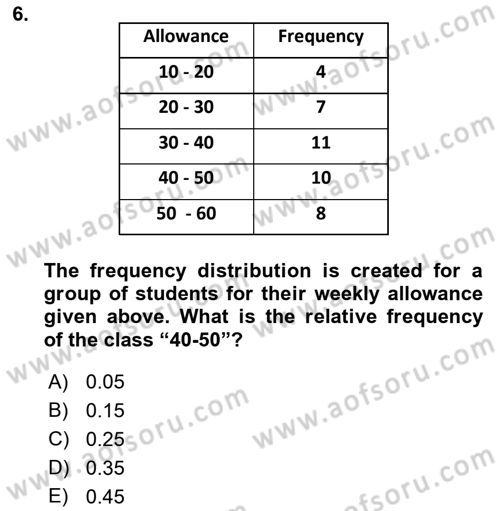Statistics 1 Dersi Ara Sınavı Deneme Sınav Soruları 6. Soru